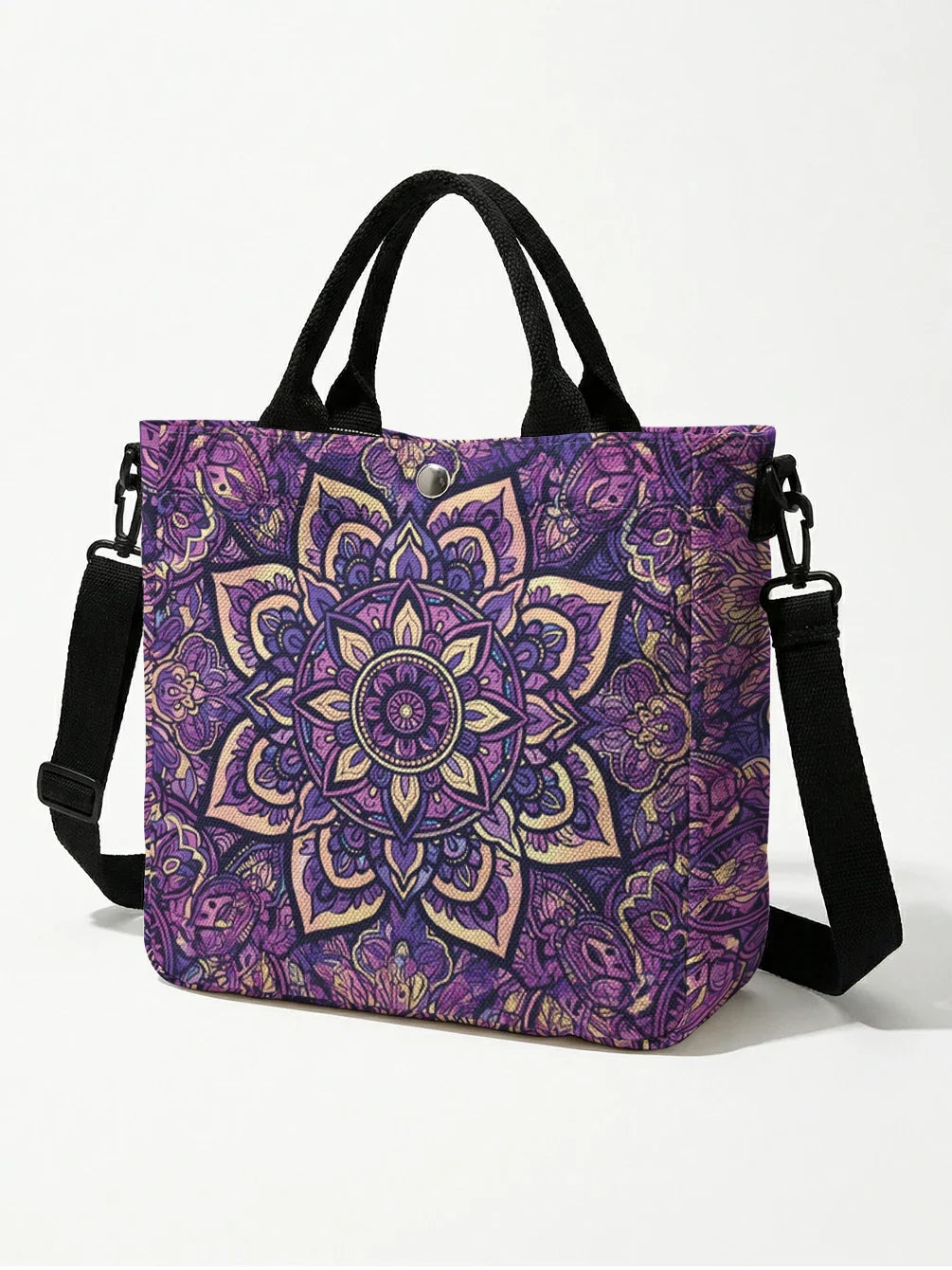 Purple Mandala Canvas Tote Bag With Detachable Crossbody Strap