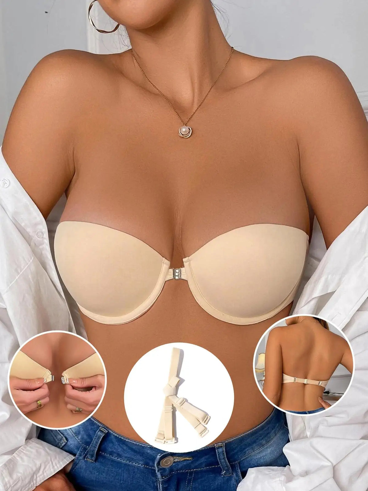 BEAUWEAR Front Closure Demi Bra for Woman Plain Invisible T-shirt Bra Strapless Bras Beauty Back Lingerie B C Cup