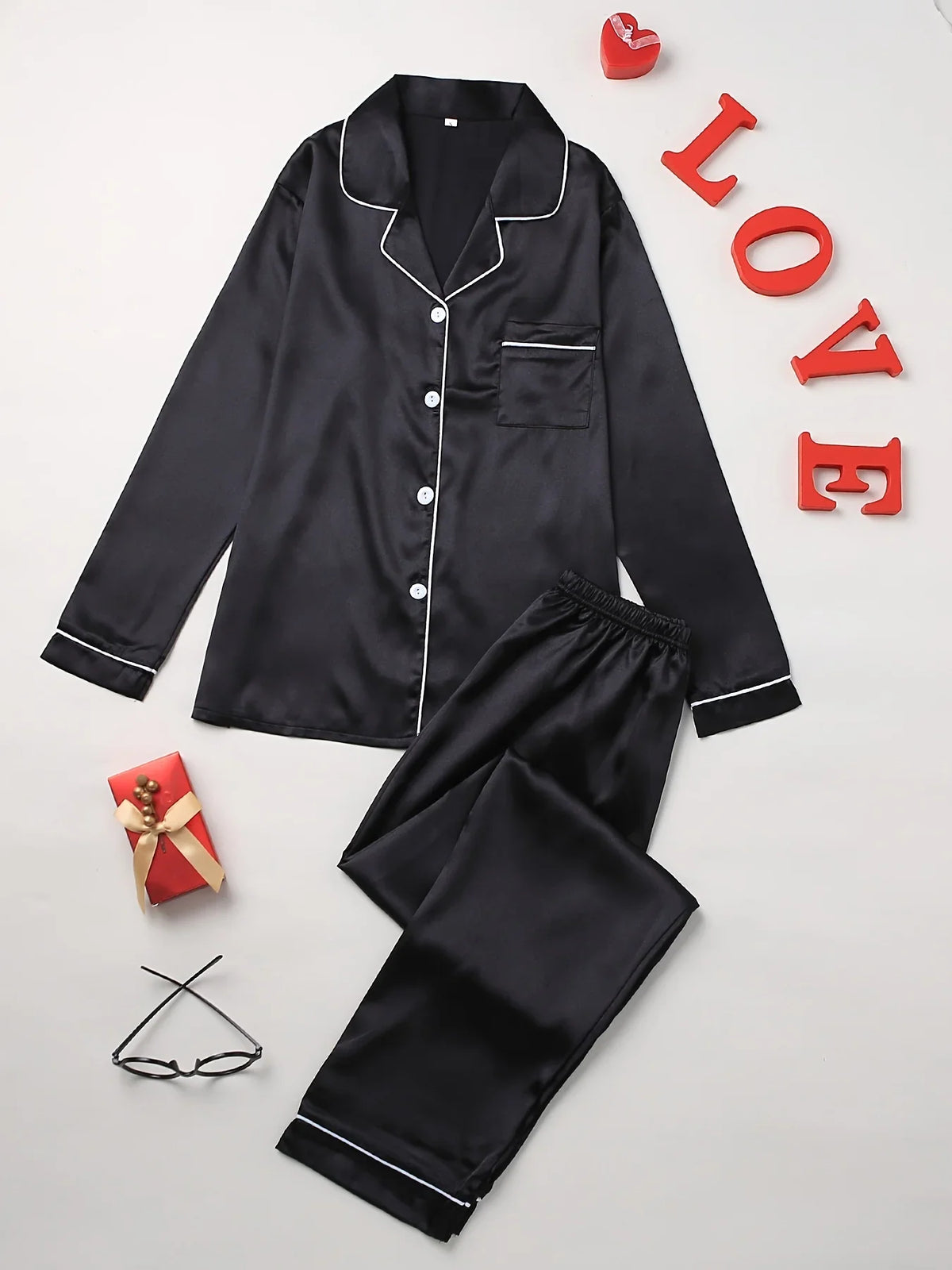 Solid Pajama Set Long Sleeve Button Up Lapel Top &amp; Pants Pj Set Women&
