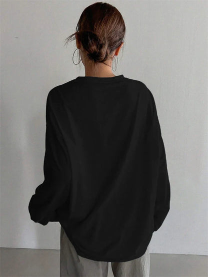 Women Basic Long Sleeve Loose O-neck T-shirt Autumn Winter Solid Color Tee Top Streetwear