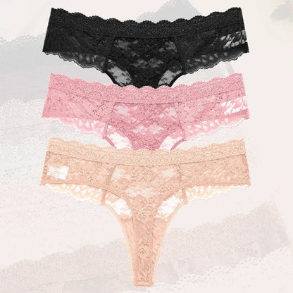 3-Piece Lace Thong Panties for Women – Seamless, Low-Rise Lingerie