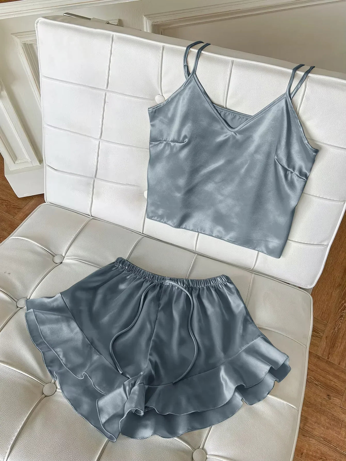 Solid Satin Pajama Set V Neck Cami Top Ruffle Shorts Women&