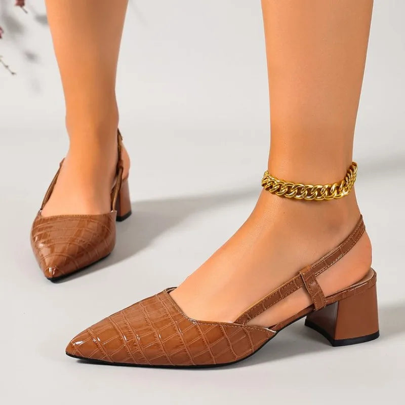 Thick Heels Breathable  High Heels Summer Sexy Pointed Toe Slingback Women&