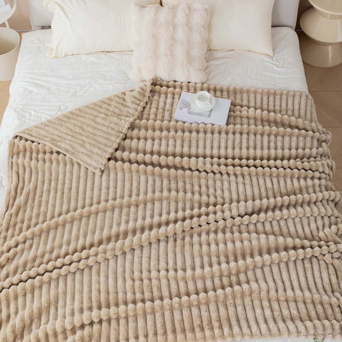 1pc solid color thick wide stripe multifunctional blanket, can be used as bed sheet covering blanket, nap blanket, pet blanket