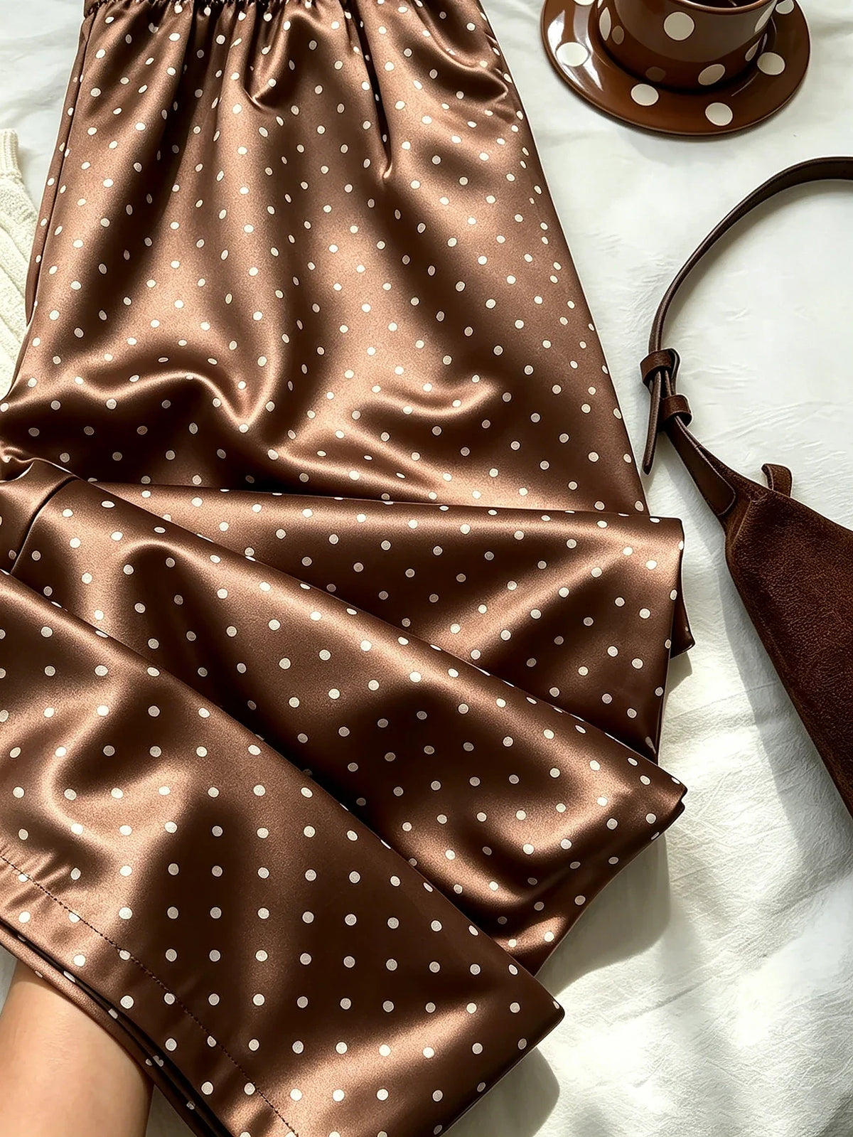Women Satin Pajama Pants Polka Dot Elastic Waist Loose Long Sleep Bottoms Casual Loungewear Trousers For Home Wear