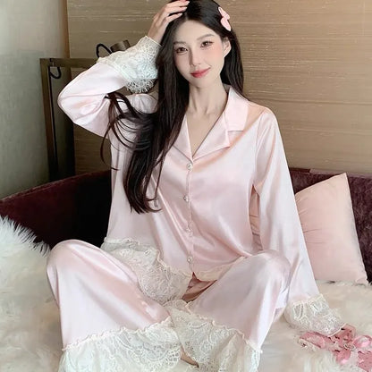 Spring and Autumn Satin New Style Temperament Ice Lace Lace Lace Silk Light Luxury Sleepwear Women&