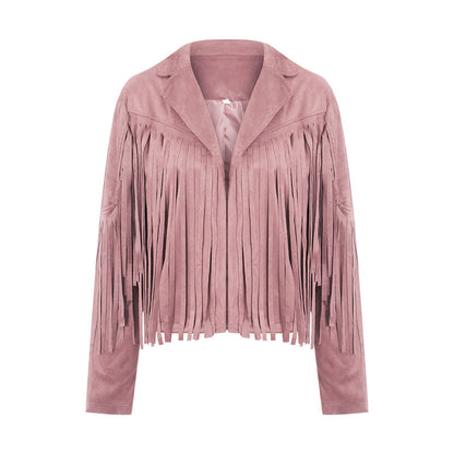 Women Spring Autumn Slim Long Sleeve Open Front Coat Solid Color Collared Jacket with Tassels Black/ Coffee/ Pink