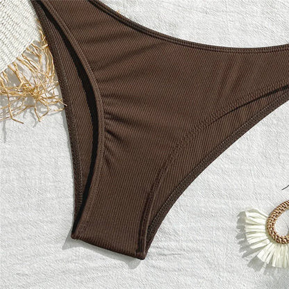 Brown String Halter Triangle Bikini Ribbed Solid Swimwears Sexy Swimsuit Women 2026 Padded Bikinis Sets Bathing Swimming Suit