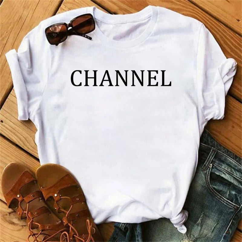100% pure cotton summer loose-fitting CHANNEL letter print casual fitted round-neck short-sleeve t-shirt top