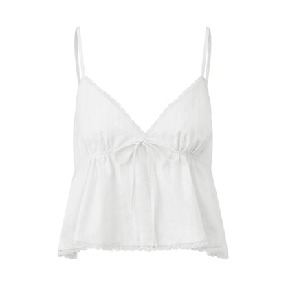 Womens Solid Color Sleep Tank Tops Spaghetti Strap Stylish Lace Trim Striped Front Bow Backless V Neck Sleep Camisoles