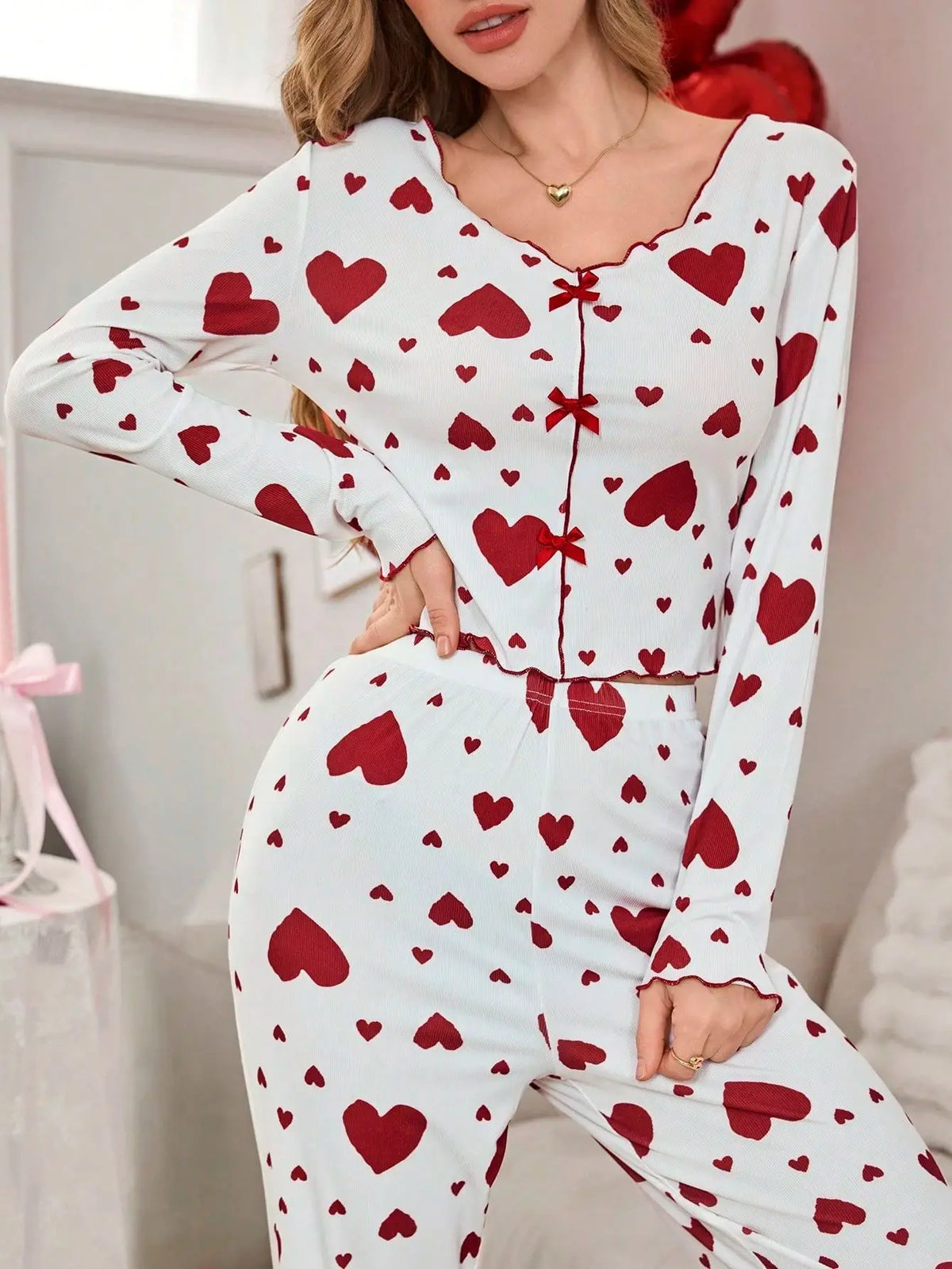 Autumn Winter 2 Pieces Pajamas Sets for Women Sleepwear Heart Print Long Sleeve Tops with Long Pants Trouser Set Pyjamas