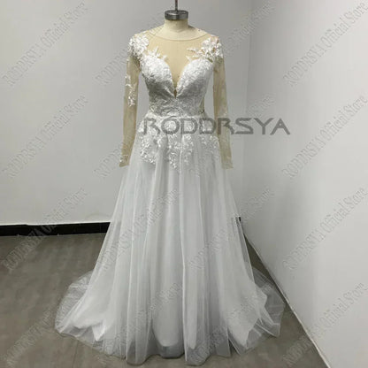 RODDRSYA Customized Wedding Dress Women Long Sleeves Illusion Back Scoop Bride Gown Applique A-Line Tulle Boho vestidos de novia