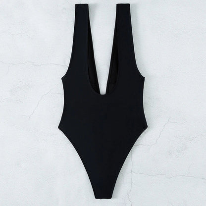 Black One Piece Swimsuit for Women 2026 Summer New Bikini,high Waist Contrast Belt Swimwear,deep-V Neck Backless Bathing Suit