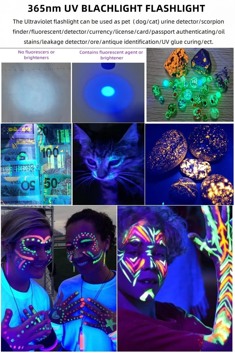 365nm Mini UV Led Blacklight Flashlight Usb Rechargeable Nail lamp Pet Stain Leakage Marker Ore Money Scorpion Detection lights
