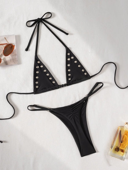 2026 Solid Color Bikinis Set Triangle Swimwear Women Bandage Swimsuit Patchwork Bathing Suit Beach Biquini Mujer Swimming Wear