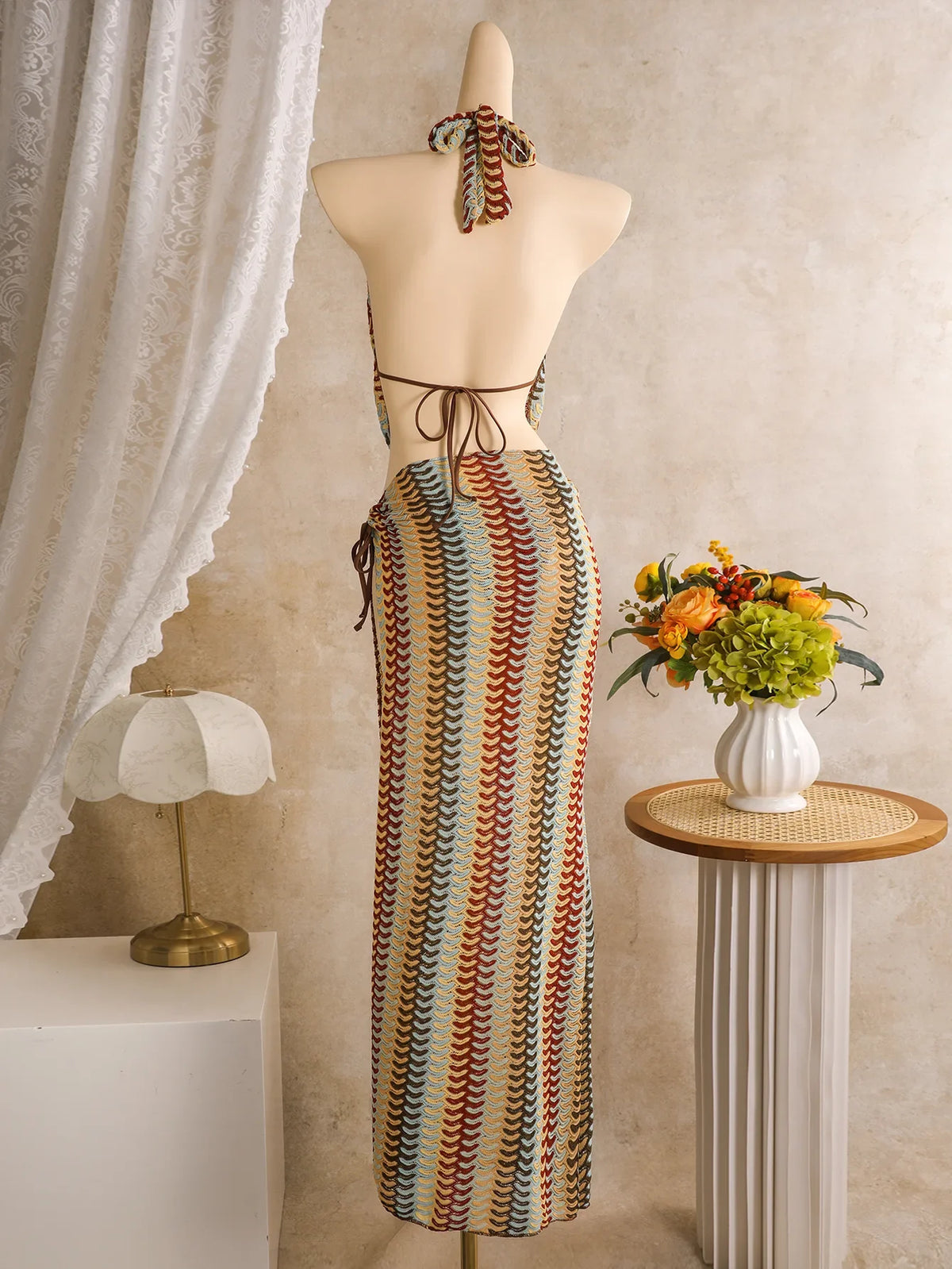 Sexy Coffee Striped Bikini Set 2026 Women Cover Up+Long Skirt 4 Piece Swimsuit Summer Bathing Suit Holiday Swimwear Biquini