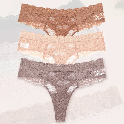 3-Piece Lace Thong Panties for Women – Seamless, Low-Rise Lingerie