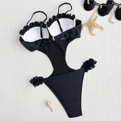 Sexy Ruffled Edge Push Up Swimwear Woman One Piece Swimsuits Cut Out Monokini Bathing Suit Swimming Suit Underwire Bathers Swim