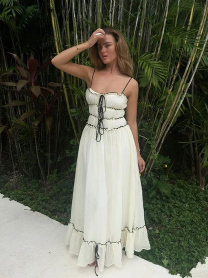 Foridol Spaghetti Strap White Sundress Flounced Edge Women&