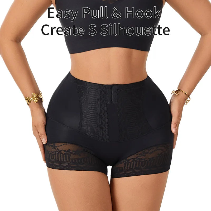 Women High Waist Hook‑and‑Eye Shapewear Shorts Tummy Control Butt Lifter Lace Hem Body Shaper Underwear For Women