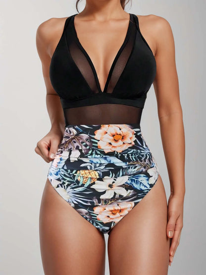 Sexy Black One Piece Swimsuit 2026 Women Mesh Patchwork Transparent Tummy Control Swimwear Bathing Suit See Through Monokini