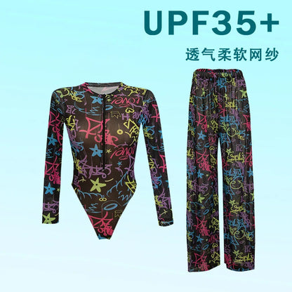 2026 Printed Long Sleeve with Long Pants Sexy One Piece Swimsuit Women Swimwear Female Flowers Padded Bather Bathing Suit Swim