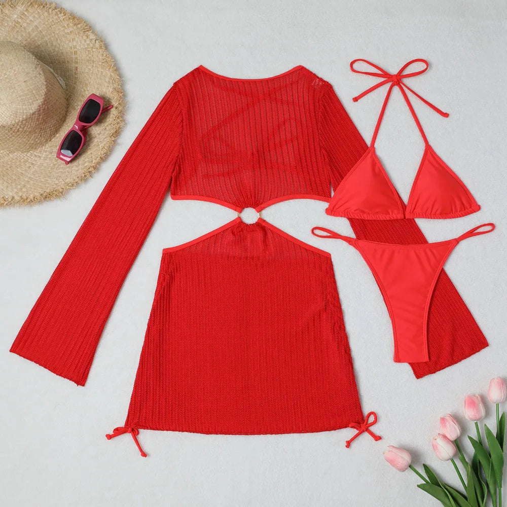 Women micro mini halter bikinis sets 3pcs with knitted long sleeve hollow out mini dress swimsuit bathing suit beach outfits