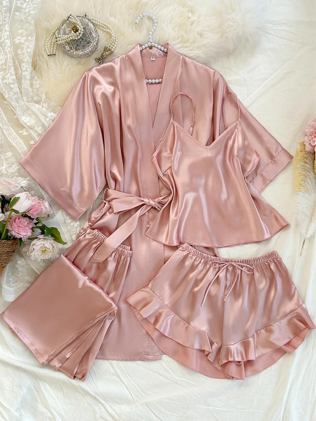 Elegant Solid Satin 4 Pcs Pajamas Set Women Belt Robe V Neck Top Ruffle Hem Shorts And Long Pants Luxury Ladies Night Suit