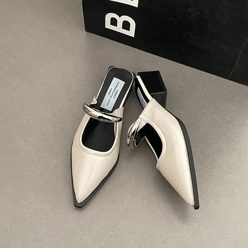 2026 New Summer Women Cover Toe Mules Slippers Fashion Metal Decoration Thick Heel Slide Shoes Comfort Street Style Footwear