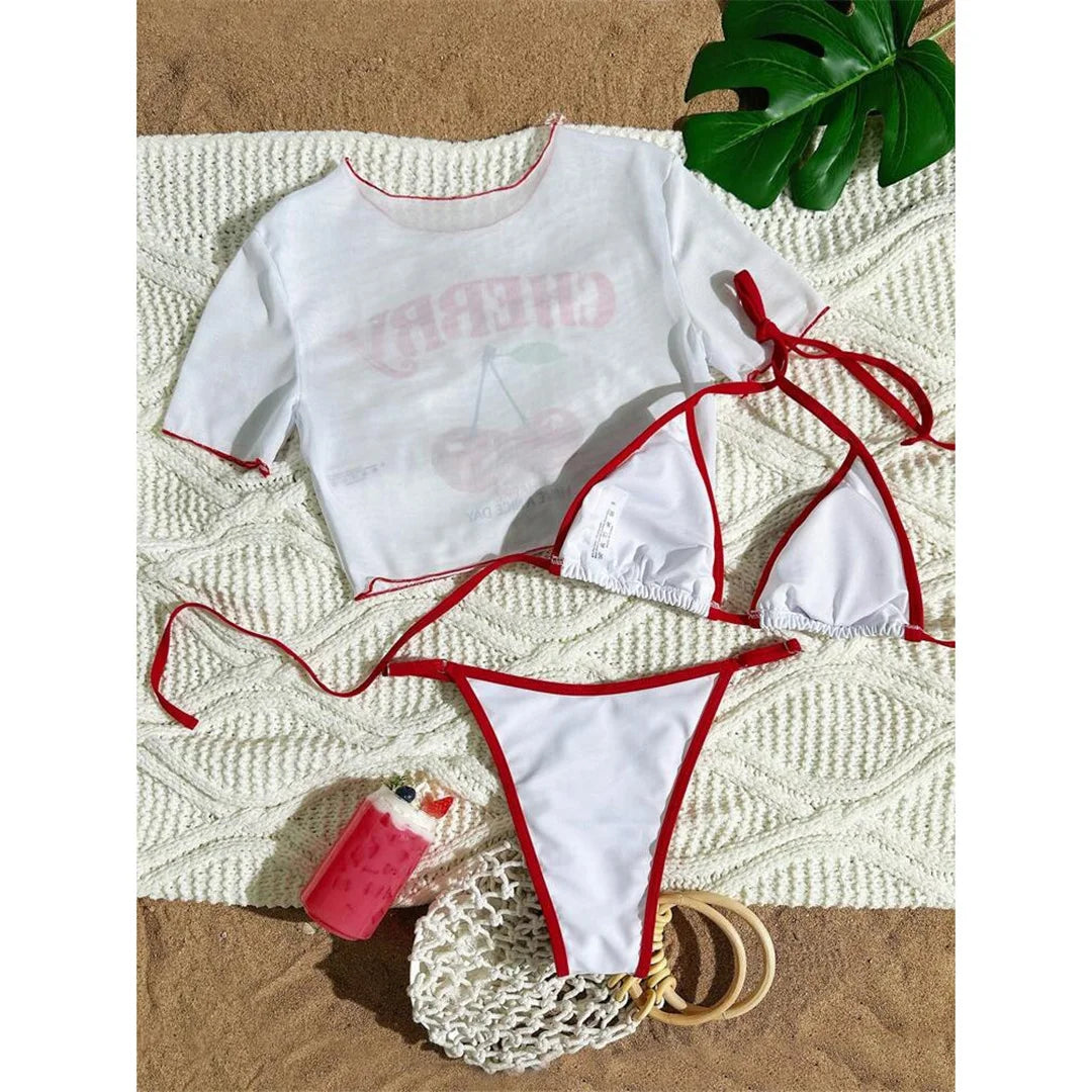 XS -XL Cherry Printed Short Sleeve Bikini Female Swimsuit Women Swimwear Three-pieces Bikini set Bather Bathing Suit Swim V6854
