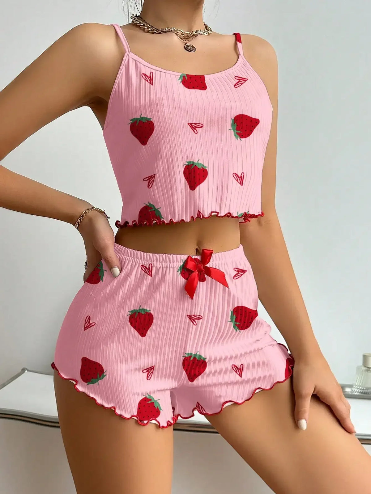 Camisole Strawberry Printing Casual Vest Tops and Shorts 2 Pieces Pajamas Set Women&