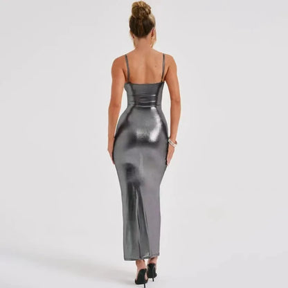 Faux Leather Slim Spaghetti Strap Dress For Women Strap Long Dresses Package Hip Bodycon Sexy Low Cut Party Evening Vestidos