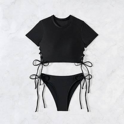 2026 New 2 Piece Swimsuit for Women Solid Color Sexy Drawstring Short Sleeve Bikini Set Beach Vacation Bathing Suit Swimwear