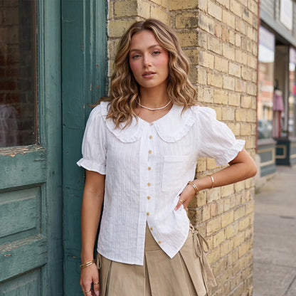 Women Doll Collar Loose Floral/Solid Tops Short Sleeve Button-down Shirts Casual Summer Streetwear