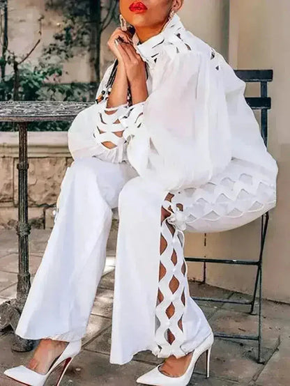 Two Piece Pants Sets Sexy Hollow Out  Women Autumn Clothing Stand