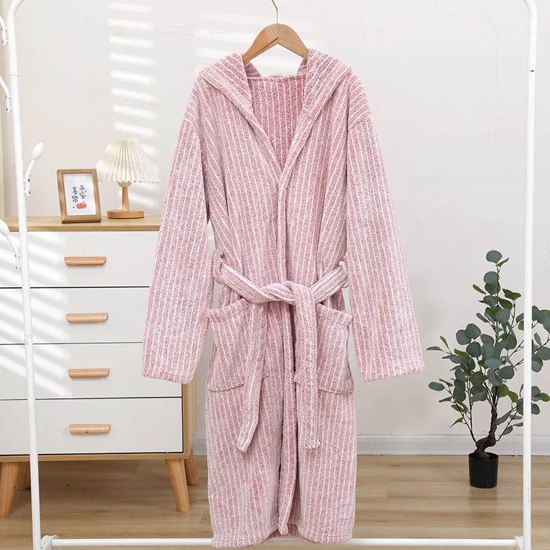 1pcs Unisex Autumn Stripe Bathrobe Hooded Kimono Bath Robe Night Cozy Sleepwear Women Dressing Gown Home Clothes 2025 New