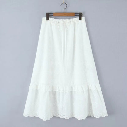 White Cotton Summer Skirt Women Embroidery A-line Long Skirt Spring Lace Up Beach Bobho Skirt Bottoms High Quality Faldas Mujer