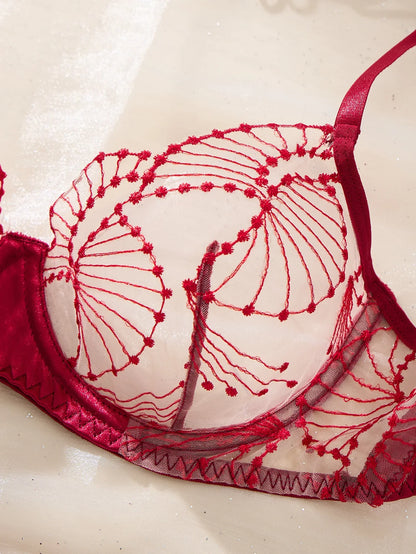 WineRed color embroidered lace lingerie set-Sexy see-through chiffon half-cup shaping bra thong two-piece set ZA825287