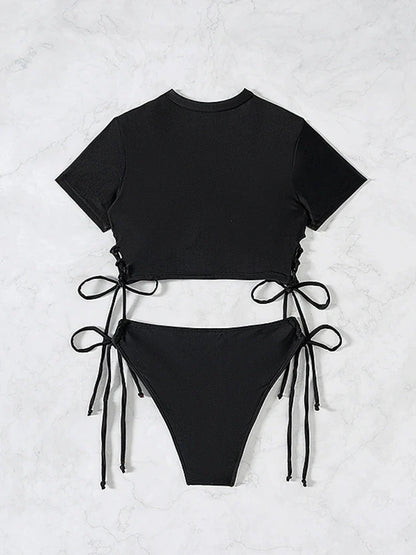 2026 New 2 Piece Swimsuit for Women Solid Color Sexy Drawstring Short Sleeve Bikini Set Beach Vacation Bathing Suit Swimwear