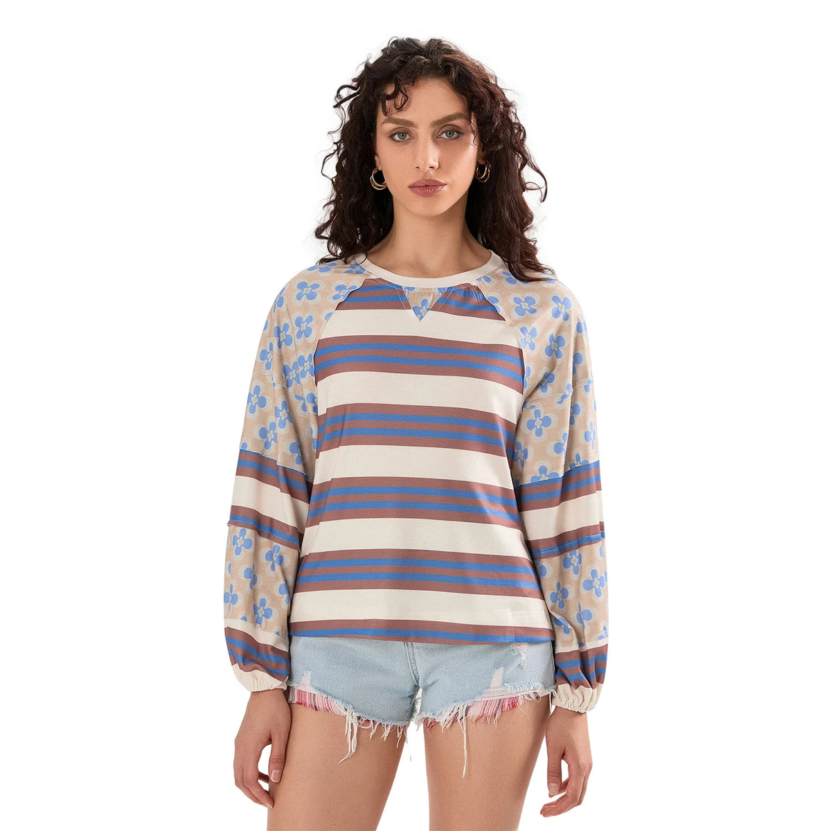 Loose Knitted Tops Women Contrast Color Stripe Floral Print Long Sleeve Pullovers Fall Winter Casual Jumpers