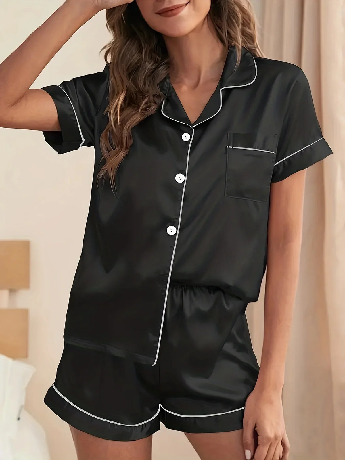 Summer Satin Silk Pajamas Set for Women Sleepwear Relaxed Fit Solid Casual Short Sleeve Tops &amp; Shorts Loungewear