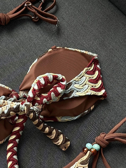 Sexy Coffee Striped Micro Bikini 2026 Women Bandeau Metal Shell Push Up Bra Bandage Thong Swimwear Beach Bathing Suit Swimsuit