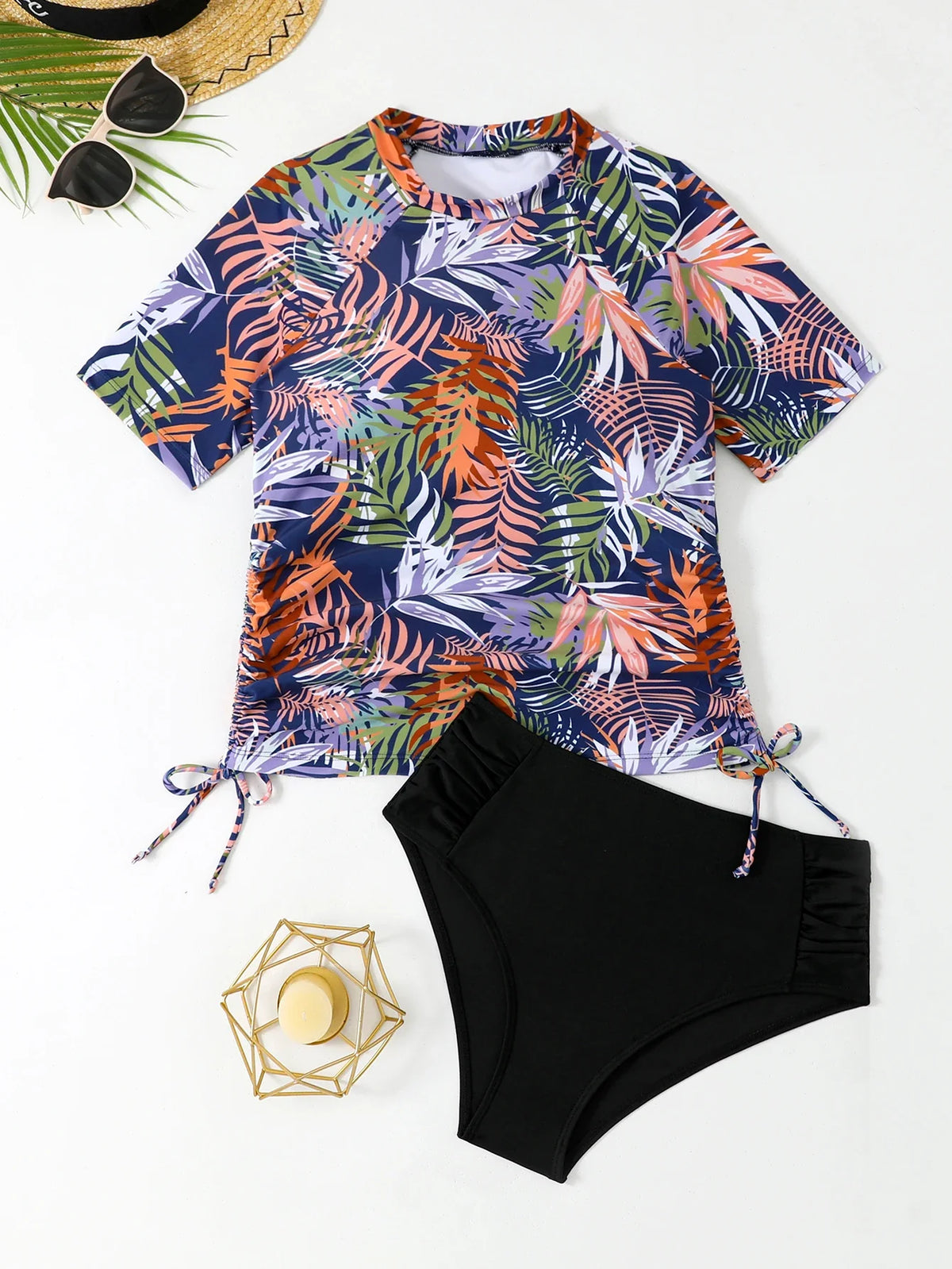 Short Sleeves Two Pieces Swimsuit Women Tankini 2026 Printed Swimwear Female Beach Wear Bathers Bathing Swimming Swim Suit