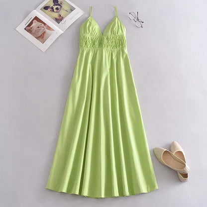 Foridol Elastic Smocking Green Cotton V Neck Summer Women&