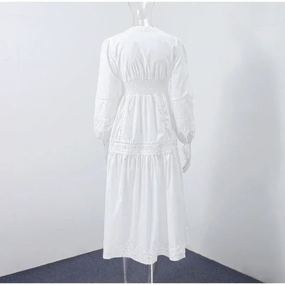 Elegant Lace Patchwork Hollow Out Dress Women Solid V-neck Long Lantern Sleeve Loose Dresses 2025 Spring Vacation Lady Robes