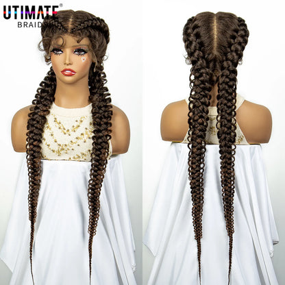 1B/30 Dark Brown Synthetic Lace Frontal Dutch Box Braided Wigs for Black Women Fishtail Braids Wigs with Baby Hair Cornrow Wigs