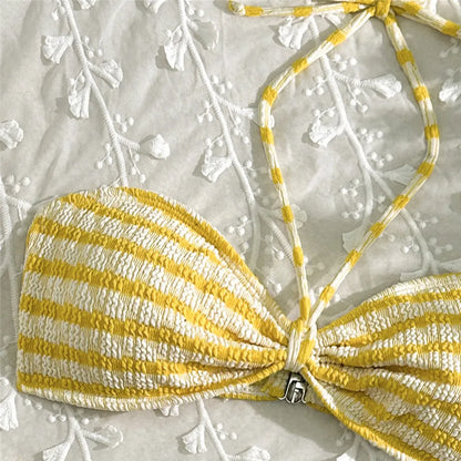 Striped Print String Halter Bandeau Bikinis Sets 2026 Sexy Swimsuit Women Ruched Swimwear Bathing Suit Brazilian Bikini Mujer