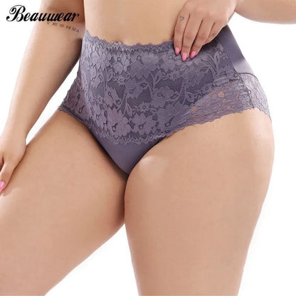 Beauwear Plus Size Women Panties Floral Lace Smooth Polyester Sexy Lace High-Rise Briefs Underwear 3XL-5XL