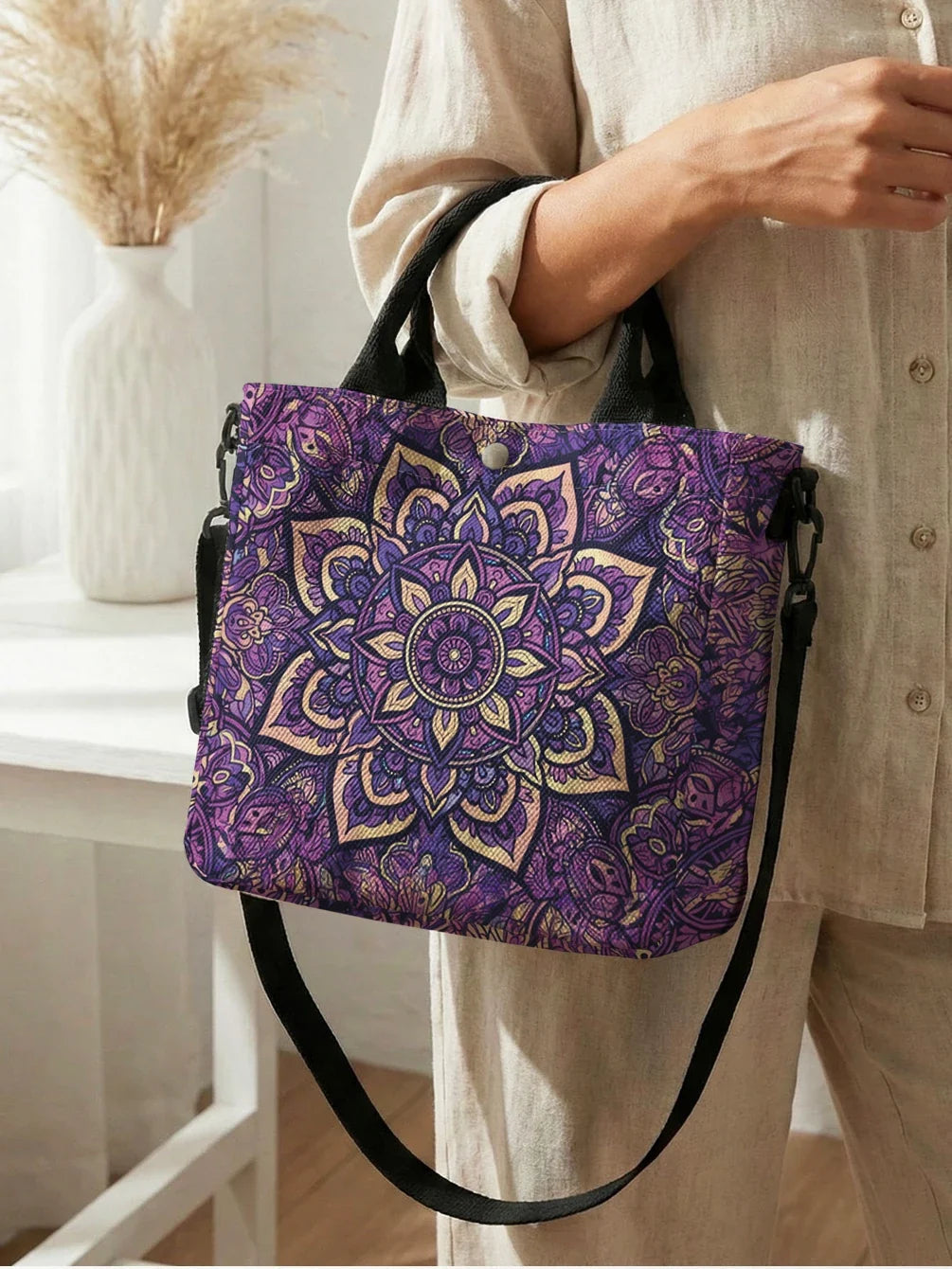 Purple Mandala Canvas Tote Bag With Detachable Crossbody Strap