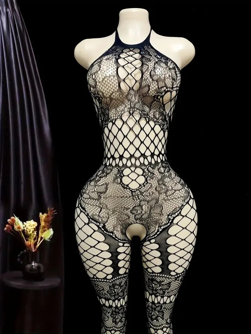 Hot Sexy Lingerie Erotic Crotchless Women Mesh Hollow Bodystockings Full Sleeve Leopard  Sling Hanging Neck Underwear Body Suits